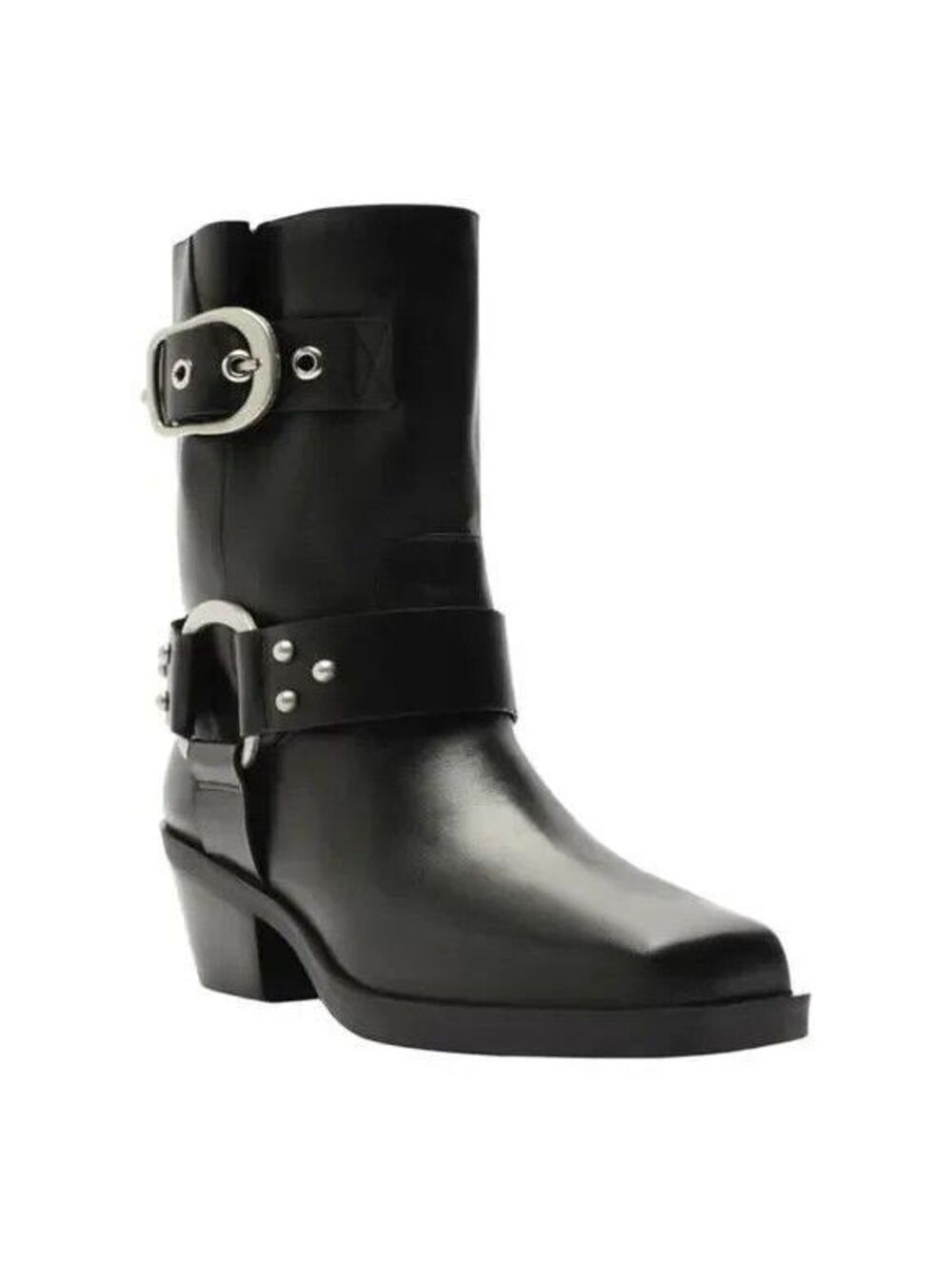 Arezzo Women's Kaia Mid Calf Block Heel Buckled Leather Boots Black 9.5